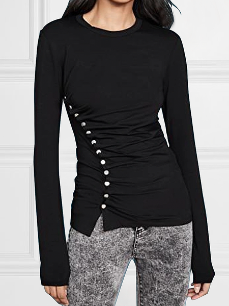 

High Elasticity Tight Urban Crew Neck Long Sleeve Plain T-Shirt, Black, Tees