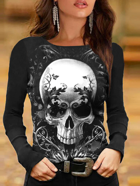 

Women's Halloween Simple Crew Neck Skull Shirt, Black, Long sleeves