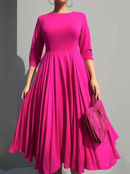 Regular Fit Crew Neck Regular Fit Three Quarter Sleeve Elegant Midi Dress, Rose red, Midi Dresses