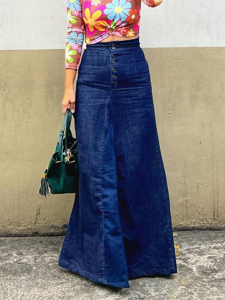

Regular Fit Plain Urban Denim Maxi Skirt, Blue, Denim Skirts