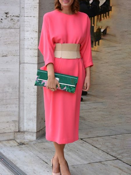 

Loose Crew Neck Elegant Dress With No Belt, Pink, Maxi Dresses