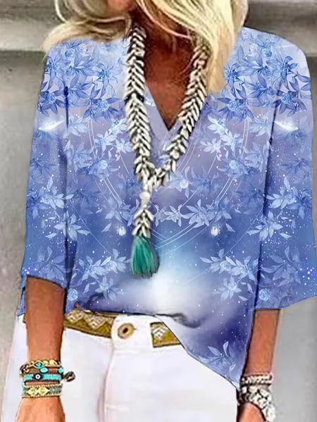 

Casual Loose Floral V Neck Shirt, Blue, Shirts & Blouses