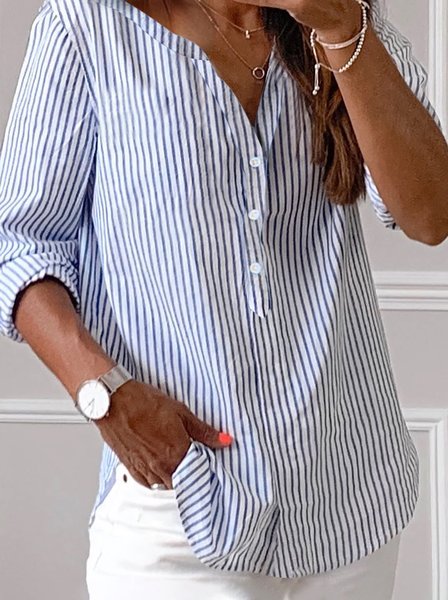 

Casual Blue Striped Loose Long Sleeve Shirt, Shirts & Blouses
