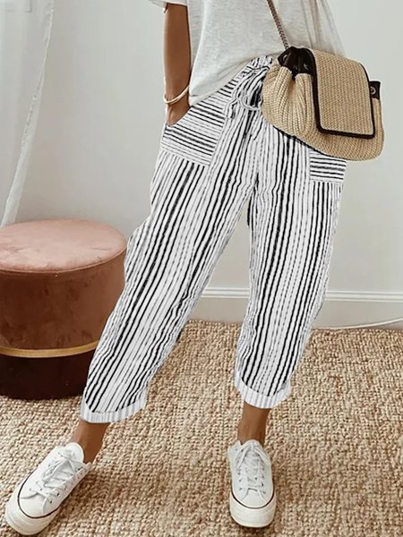 

Abstract Stripes Loose Casual Pants, White, Pants
