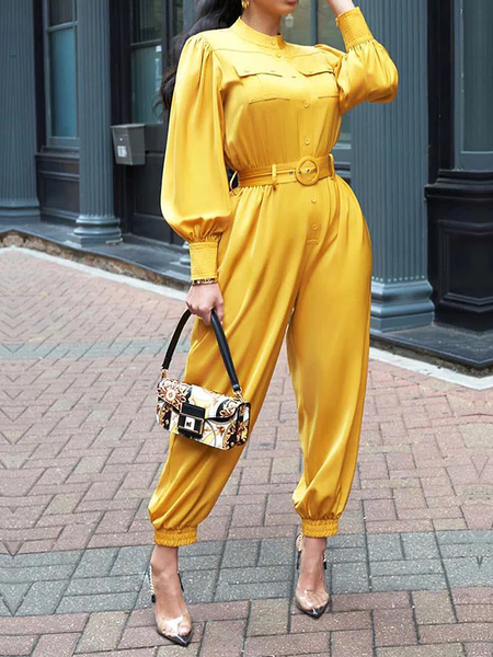 

Regular Fit Plain Stand Collar Long Sleeve Urban Jumpsuit, Yellow, Jumpsuits