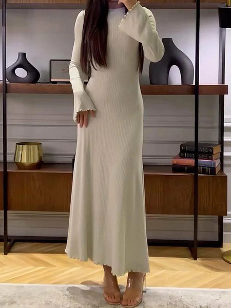 

Regular Fit Plain Elegant Crew Neck Long Sleeve Sweater Maxi Dress, Off white, Maxi Dresses