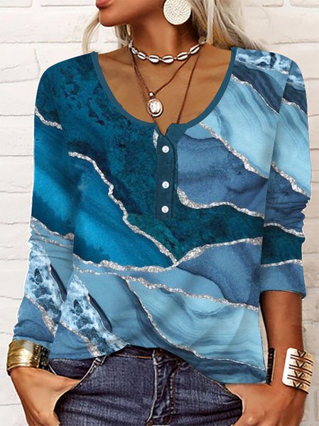 

Gradient Pattern Loose Knitted Casual Shirt, Blue, Shirts & Blouses