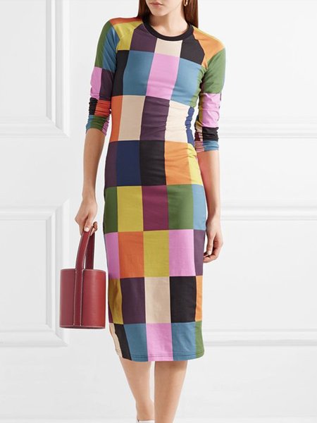 

Crew Neck Regular Fit Geometric Urban Dress, As picture, Midi Dresses