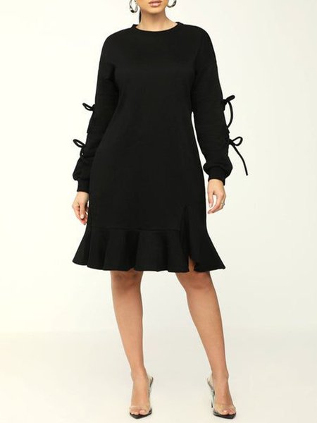 

Urban Bow Crew Neck Plain Long Sleeve Dress, Black, Midi Dresses