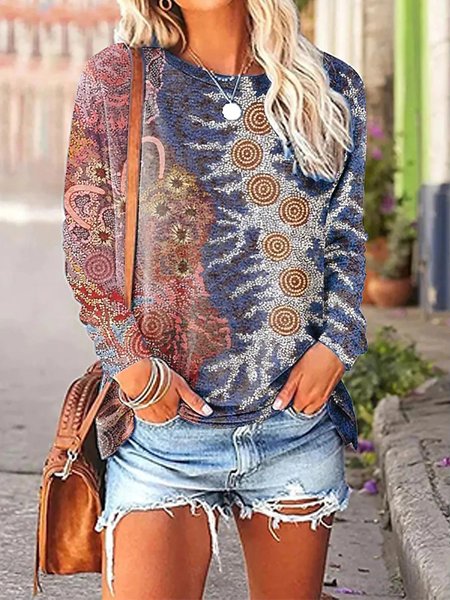 

Casual Ethnic Crew Neck Regular Fit T-Shirt, Deep blue, Long sleeves