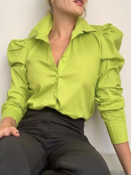 

Daily Plain Regular Fit Urban Long Sleeve Blouse, Green, Blouses and Shirts