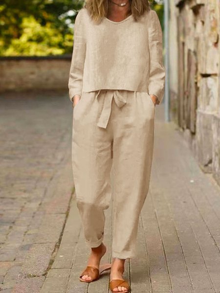 

Plus size Casual Plain V Neck Two-Piece Set, Khaki, Suit Set