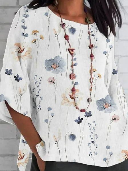 Crew Neck Floral Casual Loose Shirt, White, Shirts & Blouses
