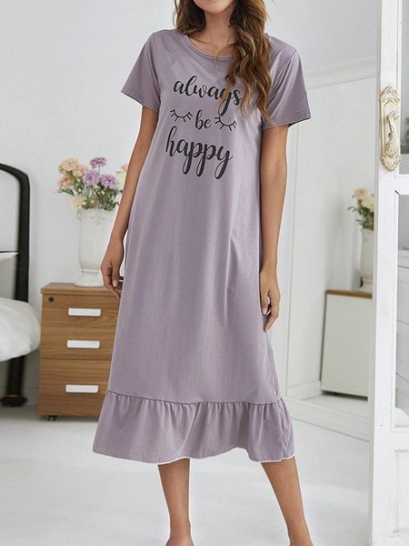 

Women's ”Always Happy“ Pattern Round Neck Short Sleeve Nightdress Loungewear Clothing, Purple, Loungewear & Sleepwear