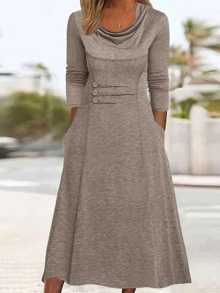 

Plain Buckle Pocket Stitching Casual Maxi Dress, Khaki, Dresses