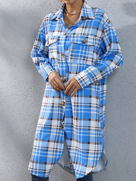 

Casual Loose Plaid Trench Coat, Blue, Trench Coats