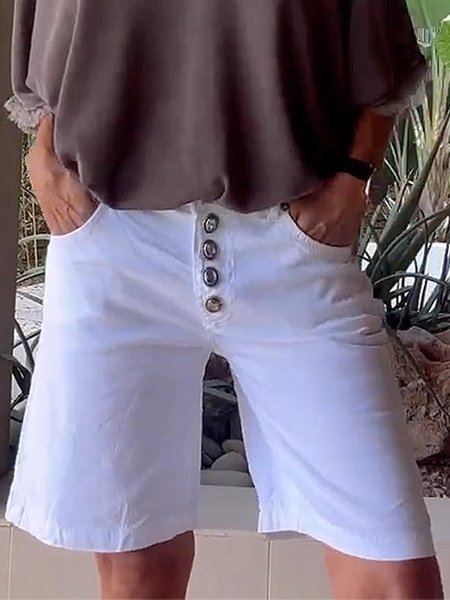 

Loose Buttoned Plain Casual Shorts, White, Shorts