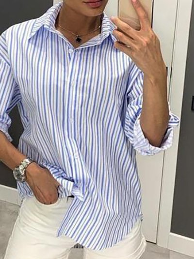 

Striped Casual Shirt Collar Blouse, Blue, Shirts & Blouses