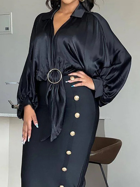 

Loose Elegant Shirt Collar Long Sleeve Plain Blouse, Black, Blouses and Shirts