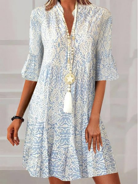 

V Neck Casual Ethnic Loose Dress, Light blue, Dresses