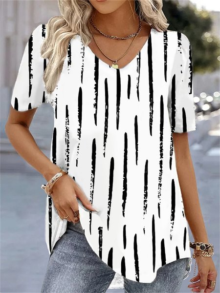 

Loose Casual Geometric V Neck T-Shirt, White, T-Shirts