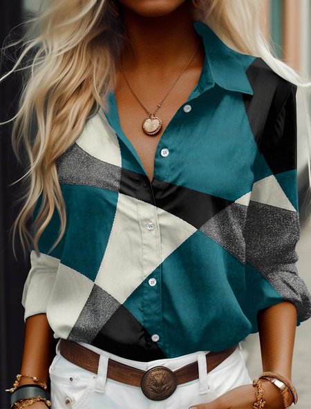 

Color Block Shirt Collar Loose Casual Blouse, Green, Shirts & Blouses