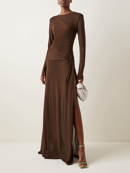 

Crew Neck Elegant Regular Fit Dress, Brown, Maxi Dresses