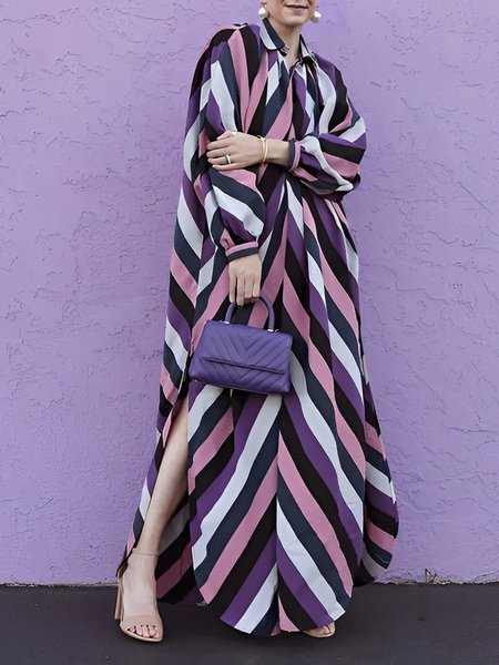 

Long Sleeve Shirt Collar Vacation Loose Striped Dress, Pink, Maxi Dresses