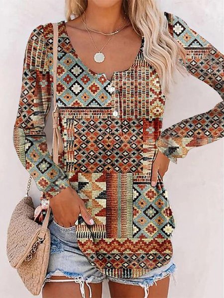 

Scoop Neck Casual Ethnic Tank Top, Red, T-Shirts