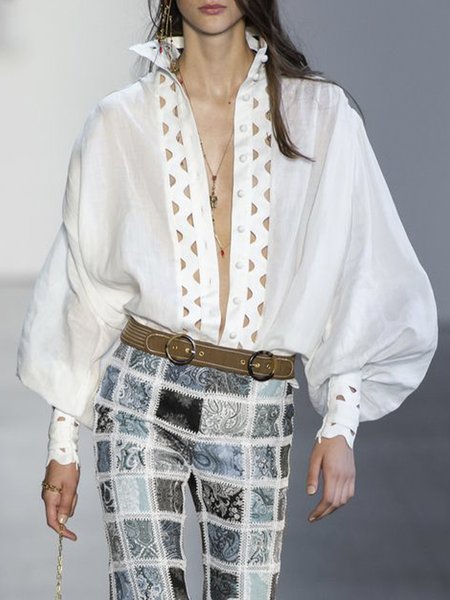 

Long Sleeve Shirt Collar Urban Regular Fit Blouse, White, Blouses and Shirts