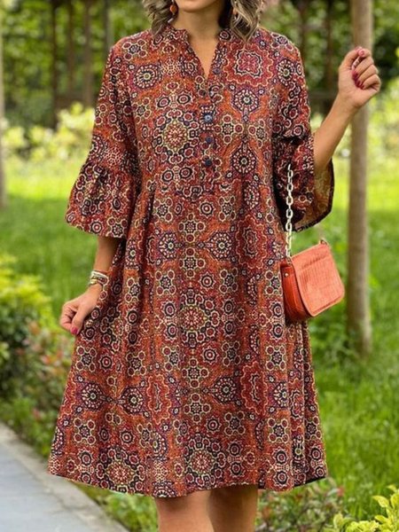 

Ethnic V Neck Ethnic Dress With No Belt, Red brown, Dresses