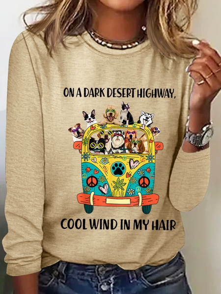 

Women's Funny On A Dark Desert Highway Cool Wind In My Hair Graphic Printing Casual Long Sleeve Shirt, Khaki, Long sleeves