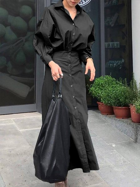 

Pocket Stitching Urban Shirt Collar Regular Fit Dress, Black, Maxi Dresses