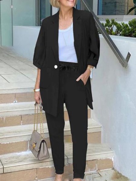 

Casual Shawl Collar Two-Piece Set, Black, Suit Set