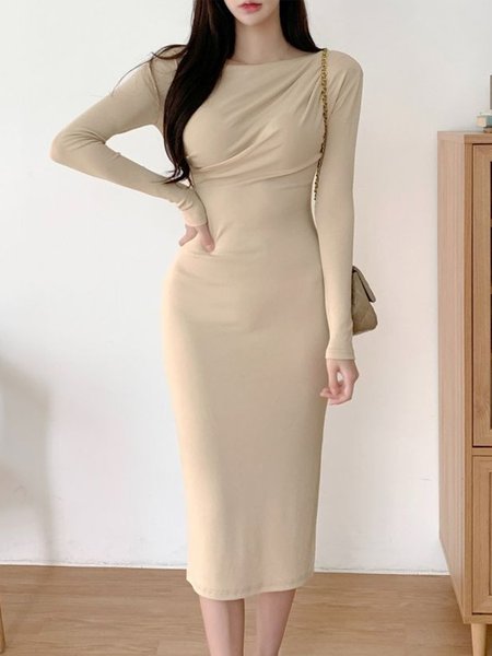

Elegant Tight Plain Long Sleeve Midi Dress With No Belt, As picture, Midi Dresses