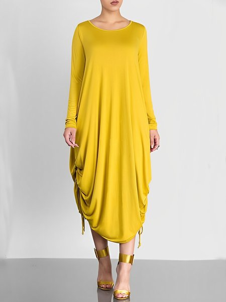 

Casual Crew Neck Plain Drawstring Loose Dress, Yellow, Maxi Dresses
