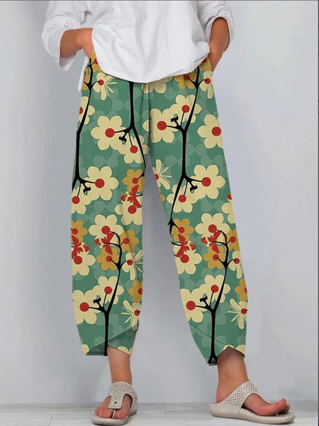 

Casual Floral Regular Fit Pants, Green, Pants