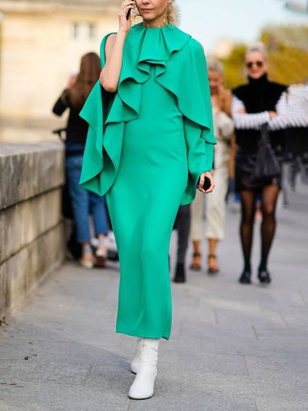

Elegant Crew Neck Regular Fit Dress, Green, Maxi Dresses