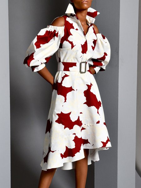 

Floral Elegant Regular Fit Shirt Collar Dress With Belt, Red, Midi Dresses