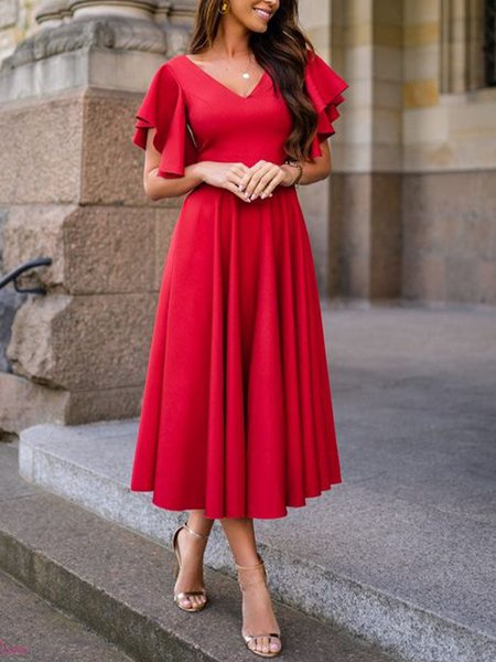 

Plain Regular Fit V Neck Elegant Dress, Red, Midi Dresses