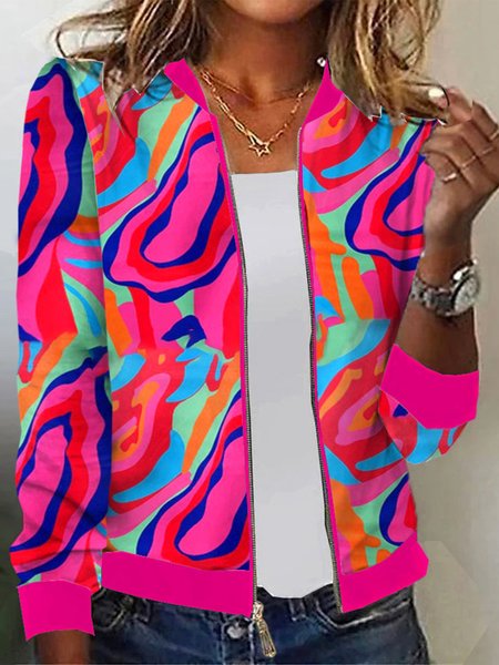Geometric Casual Loose Jacket, Deep pink, Jackets