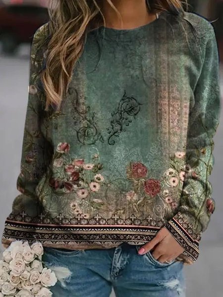 

Casual Crew Neck Ethnic Sweatshirt, Green, Sweatshirts & Hoodies
