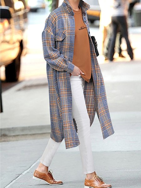 

Loose Regular Sleeve Shirt Collar Vintage Plaid Trench Coat, Blue, Trench Coats