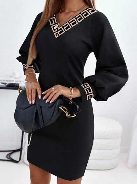 

Casual Geometric V Neck Loose Dress, Black, Dresses