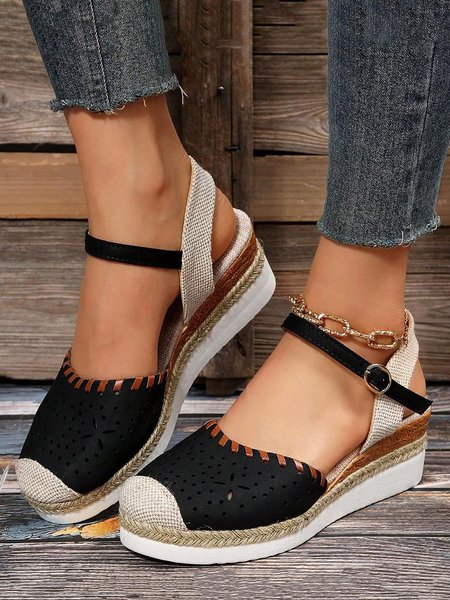

Color Block Hollow Out Espadrille Ankle Strap Wedge Shoes, Black, Flats