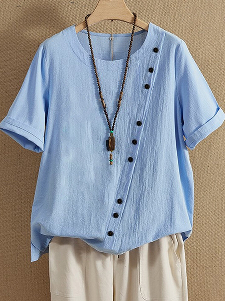 

Cotton And Linen Casual Buckle Plain Shirt, Blue, Shirts & Blouses