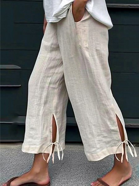 

Bow Loose Cotton And Linen Casual Pants, Off white, Pants