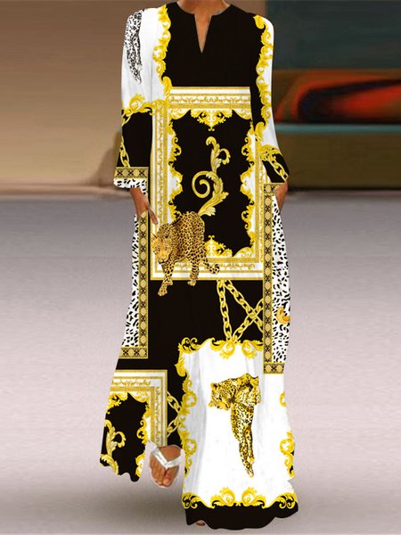 

Casual Floral V Neck Regular Fit Dress With No, Black-gold, Dresses