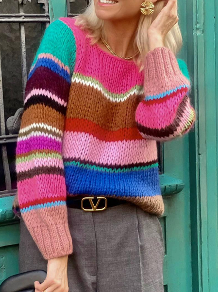 

Casual Striped Regular Fit Sweater, Rose red, Sweaters