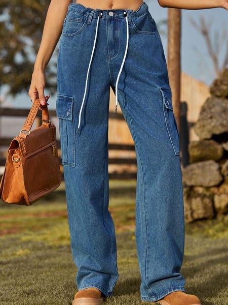 

Women's Casual Denim Stretch Straight Jeans Cargo Western Vintage Clothing, Deep blue, Jeans
